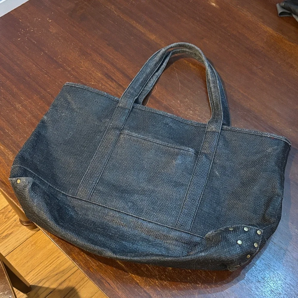 J. Crew‎ Reversible Red Paisley Cotton/Black Raffia Tote W Zip Pocket